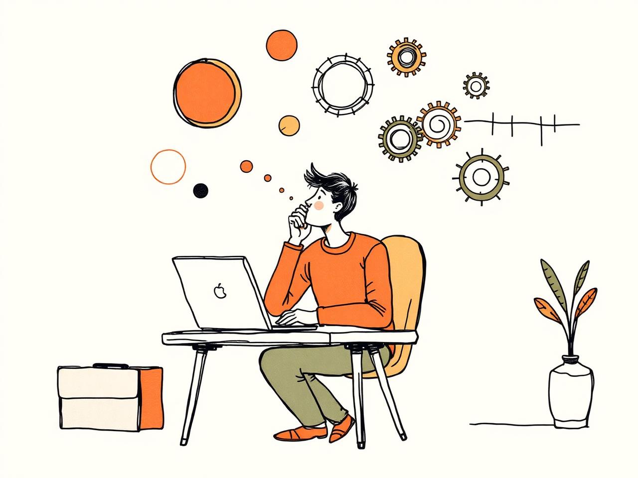 A founder thinking at a desk surrounded by abstract shapes